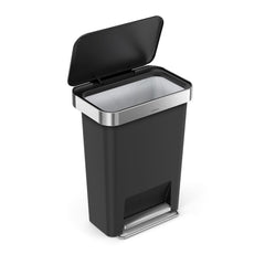 45L plastic rectangular pedal bin with liner pocket - black - lid open image