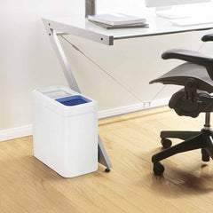 20L dual compartment slim open bin - white finish - lifestyle next to desk